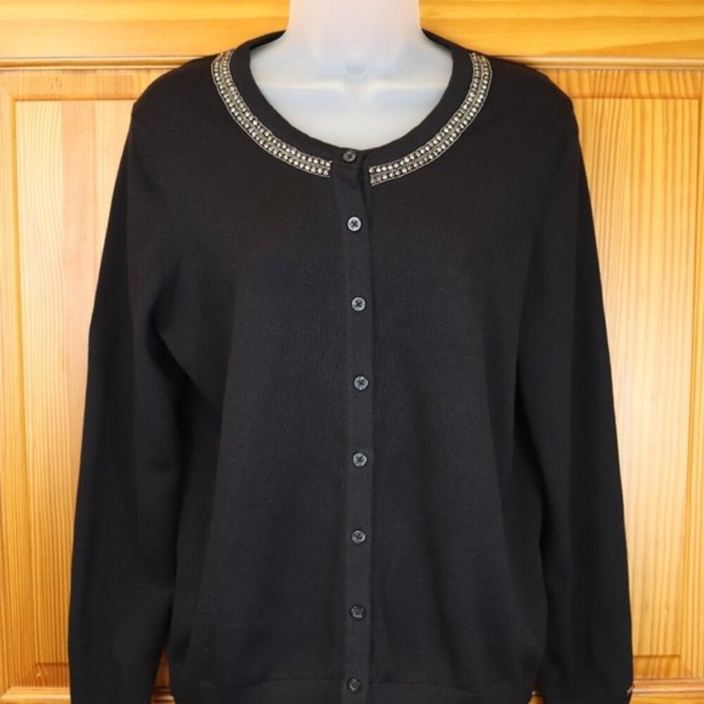 Tommy Hilfiger Black Beaded Button-Up Cardigan Sweater Work Dressy Large